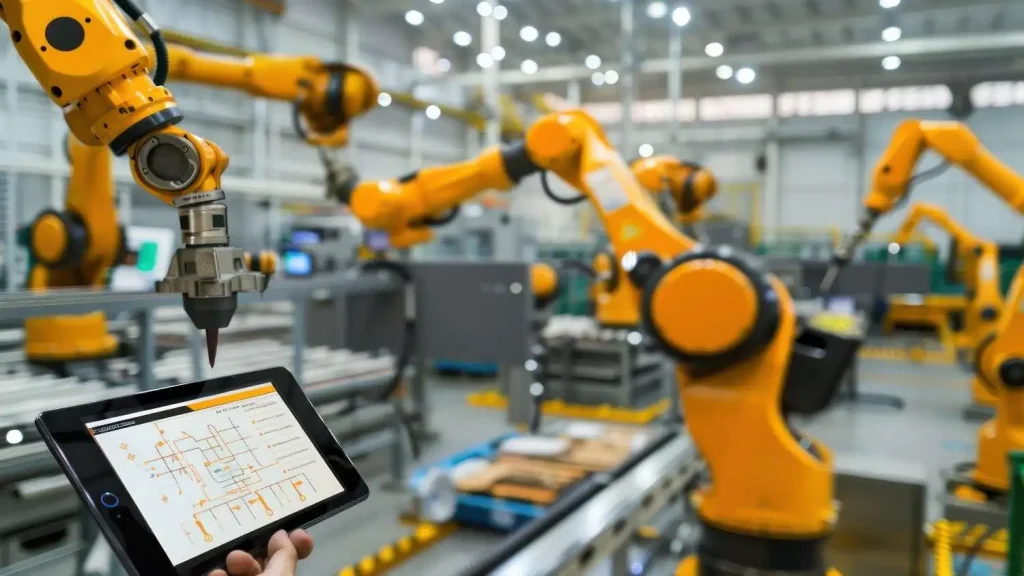 Factory automation system with robotic arms and control panels